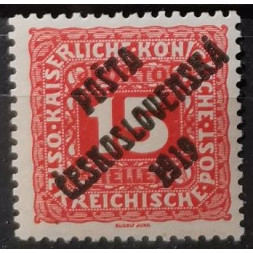 Známka ČSR PČ 1919, 15h, Pof.74*, I. typ přetisku Známka ČSR PČ 1919, 15h, Pof.74*, I. typ přetisku