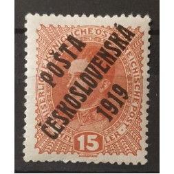 Známka ČSR PČ 1919, 15h, Pof.38*, I. typ přetisku Známka ČSR PČ 1919, 15h, Pof.38*, I. typ přetisku