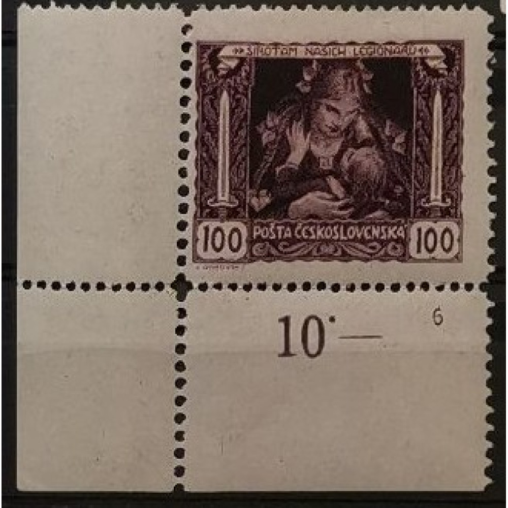 Sello con número de plancha Checoslovaquia, 100h, Mi.38, MNH** 