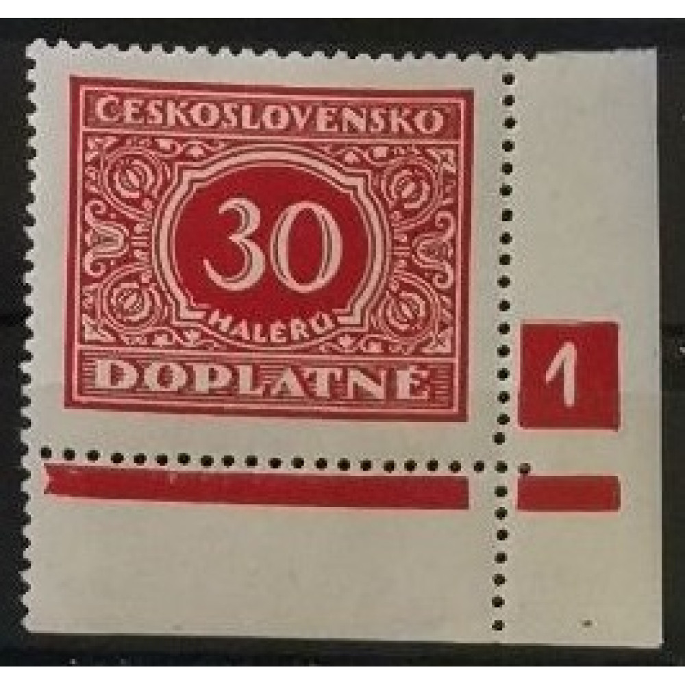 Sello con número de plancha Checoslovaquia, 30h, Mi.58, MNH** 