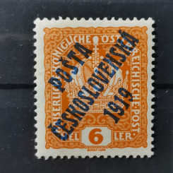 Známka ČSR PČ 1919 , 6h, Pof.35*, I. typ přetisku  Známka ČSR PČ 1919 , 6h, Pof.35*, I. typ přetisku