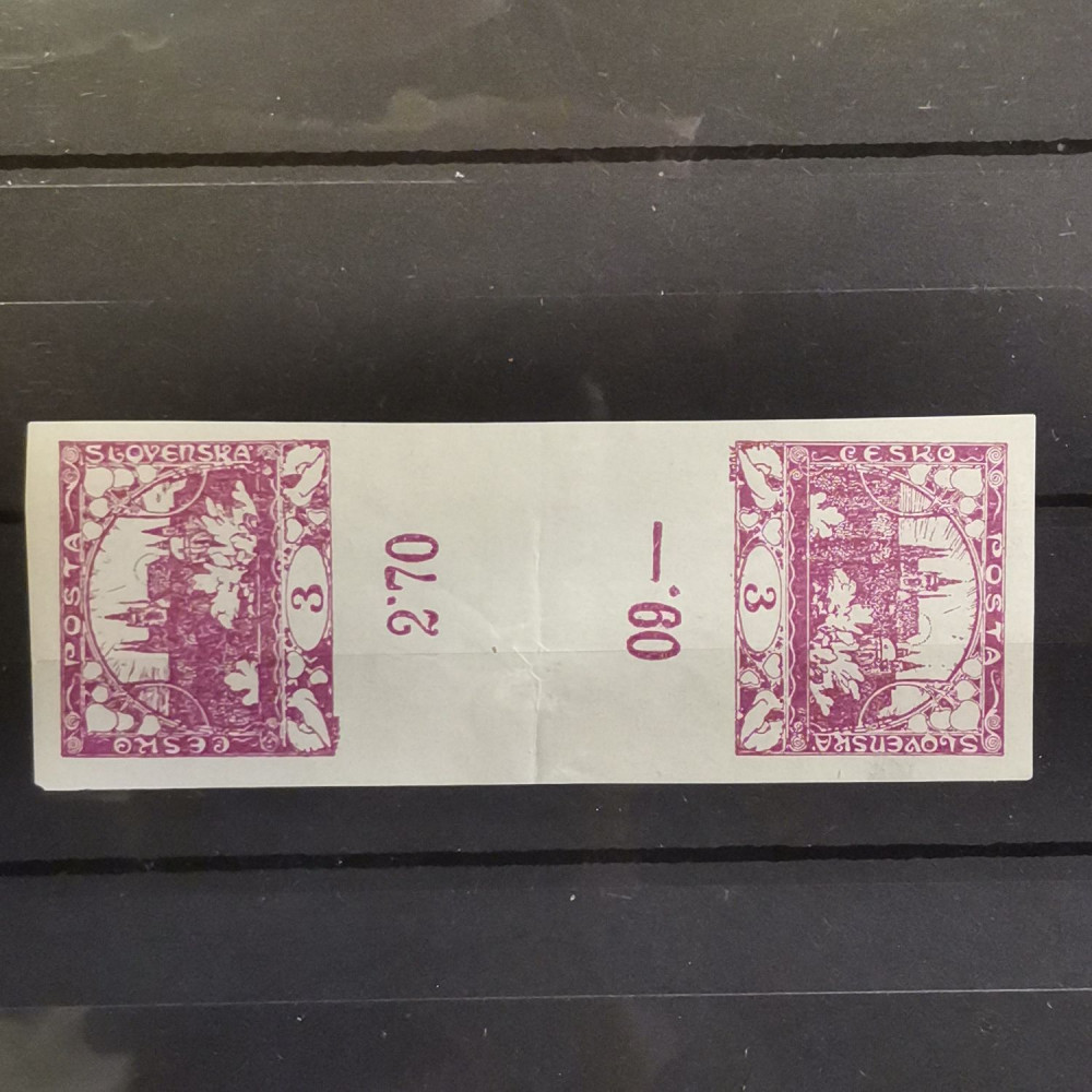 Pareja con interpanel Checoslovaquia, 3h, Mi.1, MNH** 