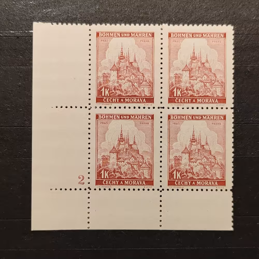 Quadra de canto Protetorado da Boêmia e Morávia, 1K, Mi.28, MNH** 