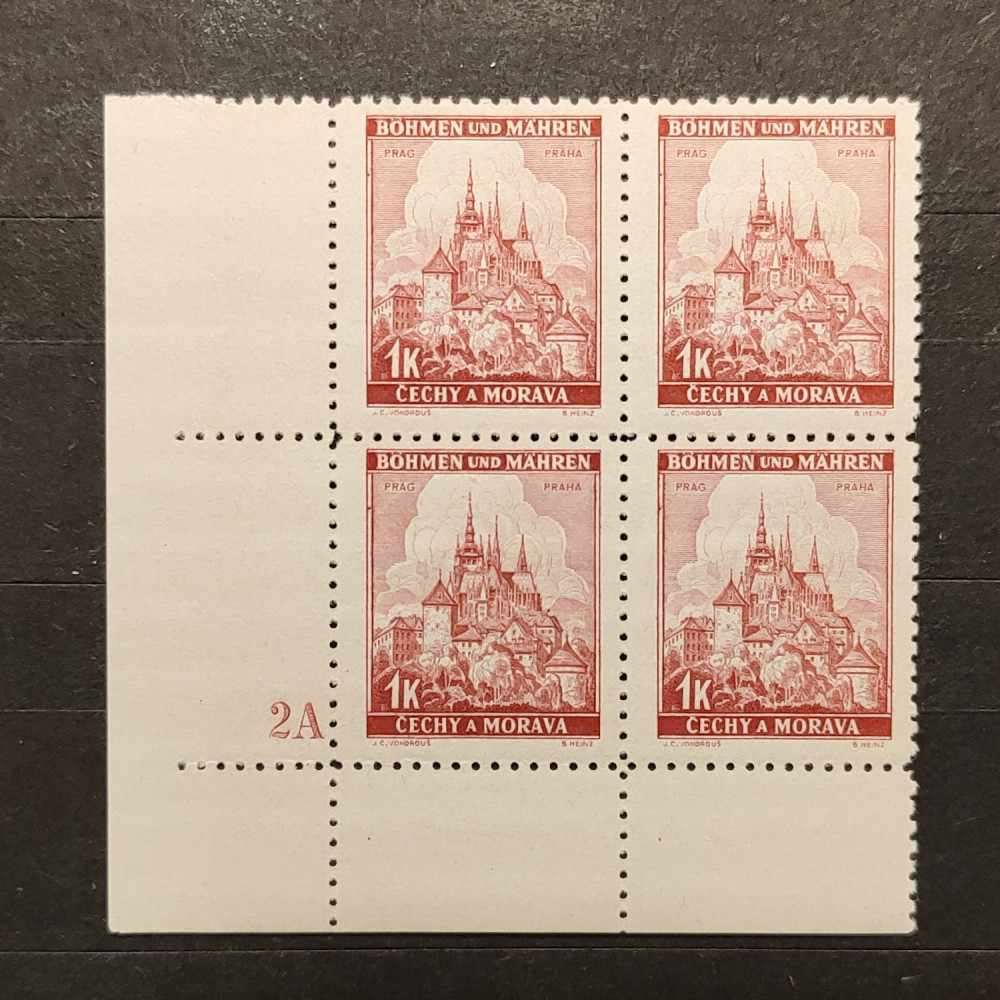 Quadra de canto Protetorado da Boêmia e Morávia, 1K, Mi.28, MNH** 