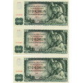 Banknote Tschechoslowakei, 3x100 Kčs, Pi. 91c, N/UNC, 1961, serie G, 60 1