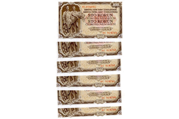 Bankovka ČSR, 6x100 Kčs, Pi. 86b, N/UNC, 1953, serie MC, 016789-94, postupka