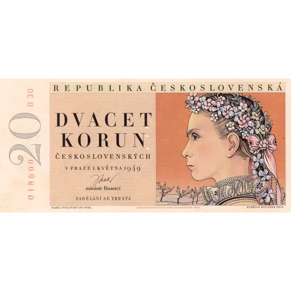 Banknote Czechoslovakia, 20 Kčs, Pi. 70bs, N/UNC, 1949, serie B, 30