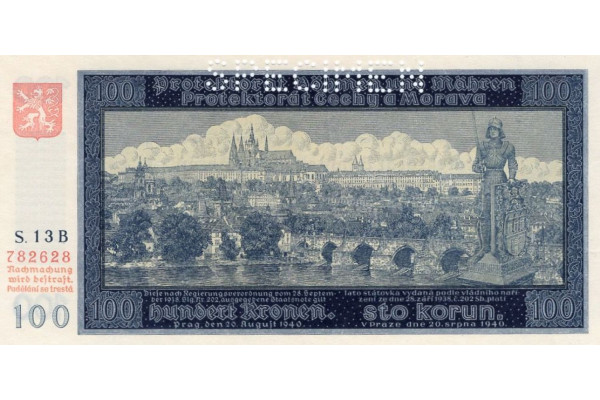Bankovka Protektorát ČaM, 100 K, Pi. 6s, N/UNC, 1940, serie S.13B, SPECIMEN perforace