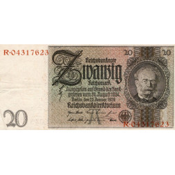 Bankovka , 20 RM, Pi. 181a.9, 1/XF, Německo, 1929, serie R