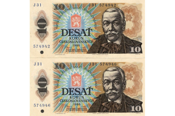 Bankovka ČSR, 10 Kčs, Pi. 94a, 1/XF, 1986, serie J, 31, 2 blízká čísla