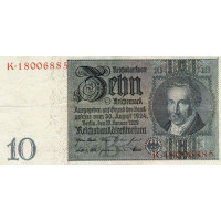 Bankovka , 10 RM, Pi. 180a.2, 1/XF, Německo, 1929, serie K