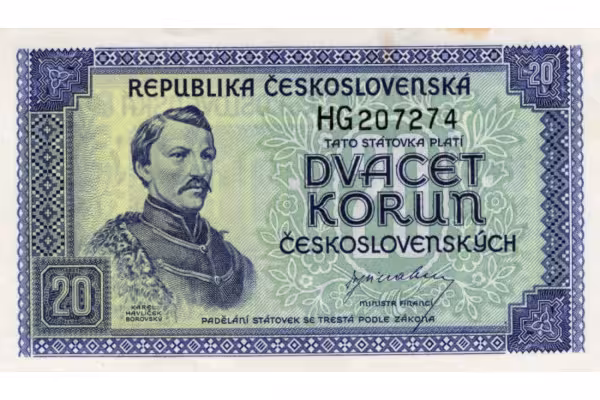 Bankovka ČSR, 20 Kča, Pi. 61a, 0/AU, serie HG, 207274