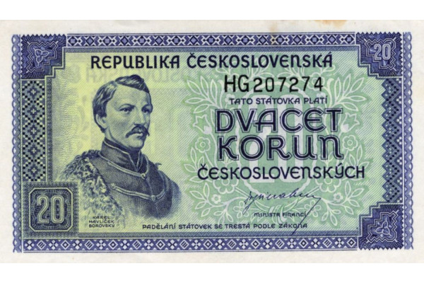 Bankovka ČSR, 20 Kča, Pi. 61a, 0/AU, serie HG, 207274