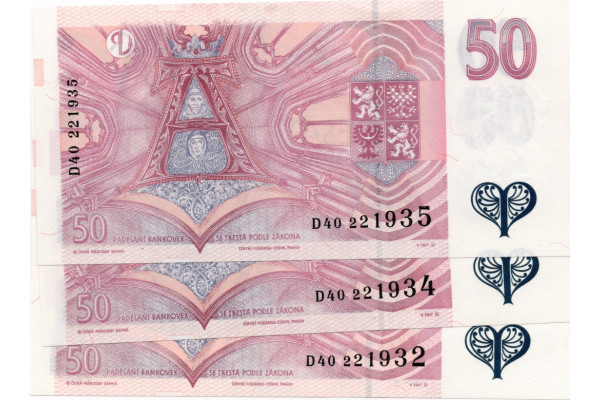 Bankovka ČR, 3x50 Kč, Pi. 17b, N/UNC, serie D40, postupka 3 čísel, vzor 1997