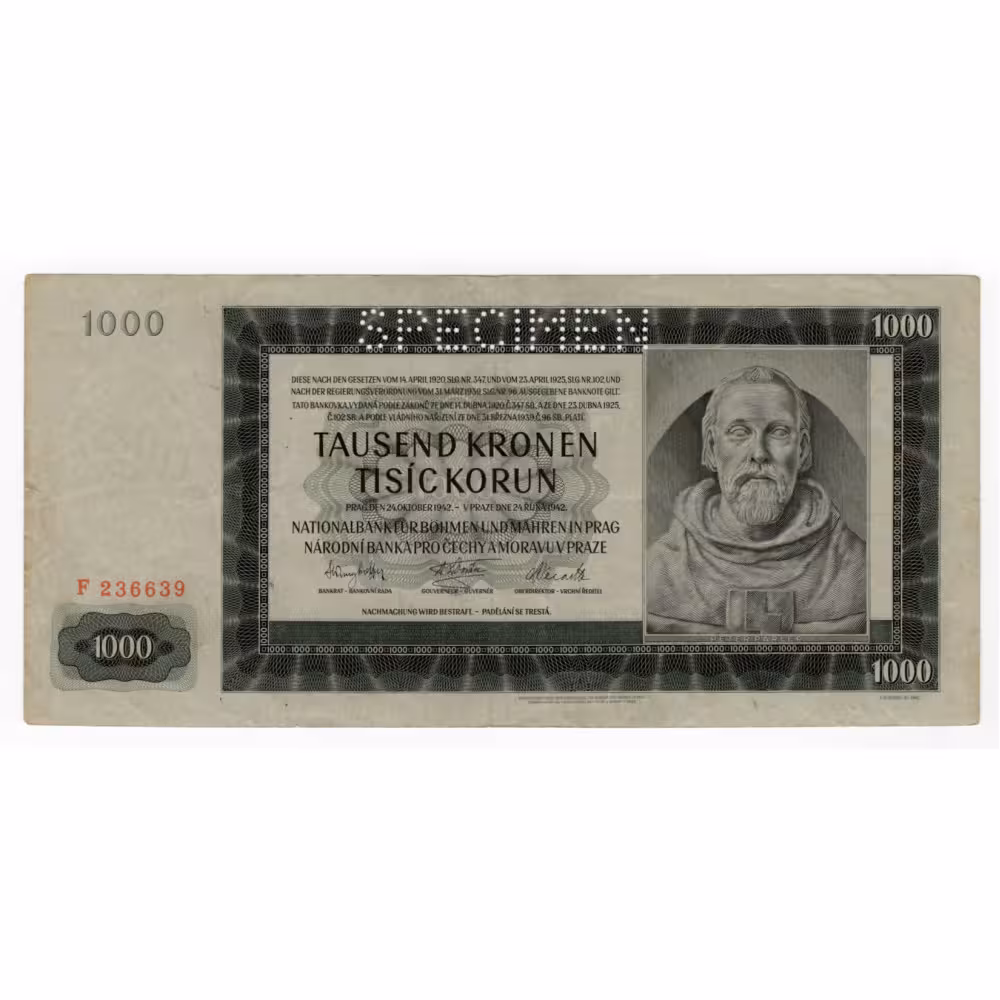 Bankovka Protektorát ČaM, 1000 Kč, Pi. 13s, 1/XF, 1942, serie F, 1. vydání, SPECIMEN
