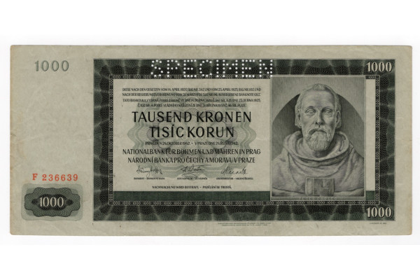 Bankovka Protektorát ČaM, 1000 Kč, Pi. 13s, 1/XF, 1942, serie F, 1. vydání, SPECIMEN