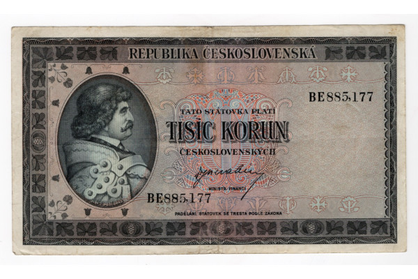 Bankovka ČSR, 1000 Kčs, Pi. 65a, 2/VF, serie BE, 885177