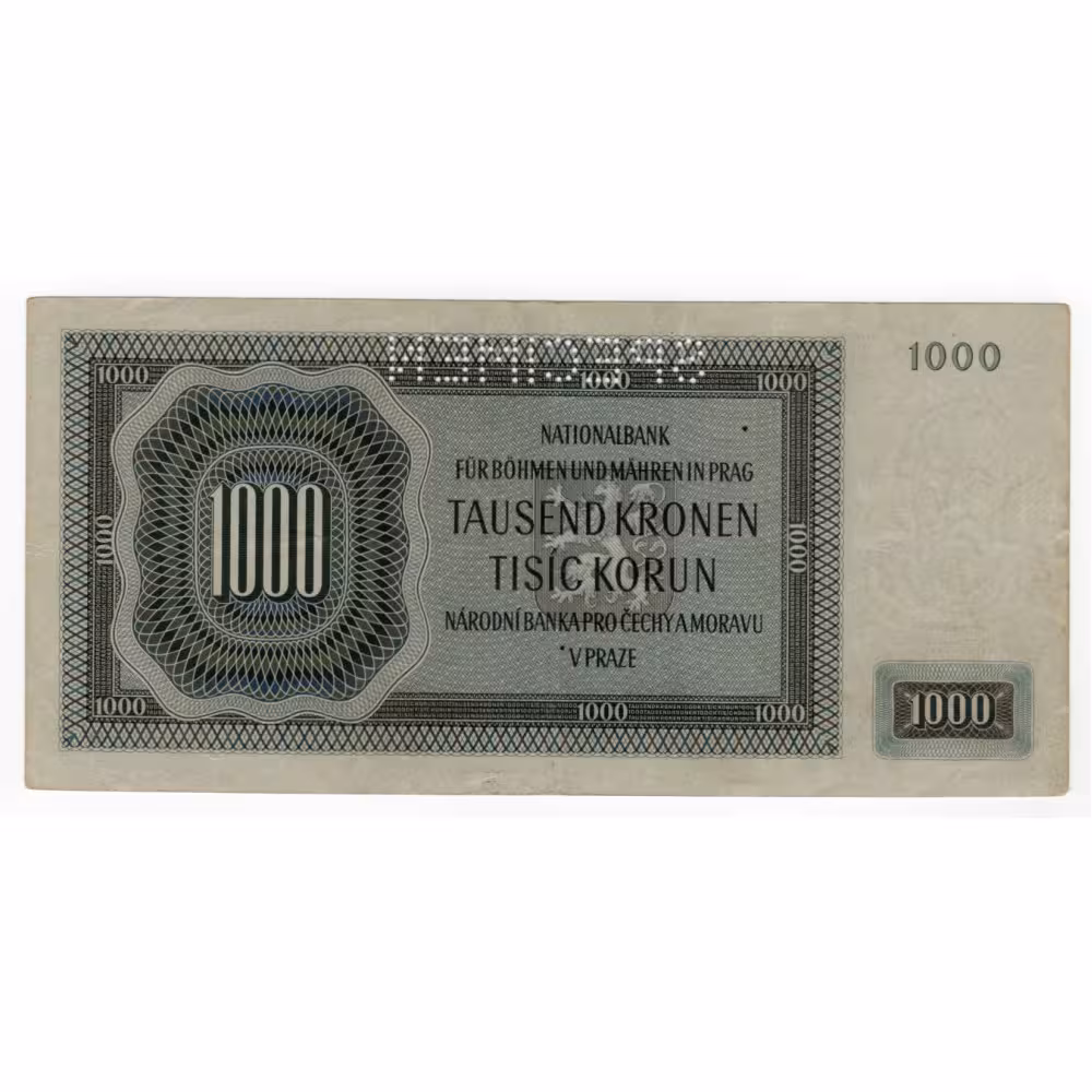 Bankovka Protektorát ČaM, 1000 Kč, Pi. 13s, 1/XF, 1942, serie F, 1. vydání, SPECIMEN 1