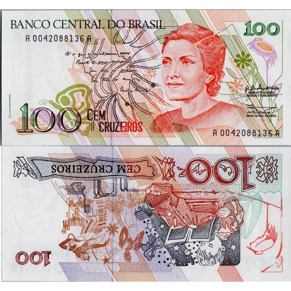 Bankovka Brazílie, serie A004, 100 Cruzeiros, Pi. 228a, N/UNC Bankovka Brazílie, serie A004, 100 Cruzeiros, Pi. 228a, N/UNC