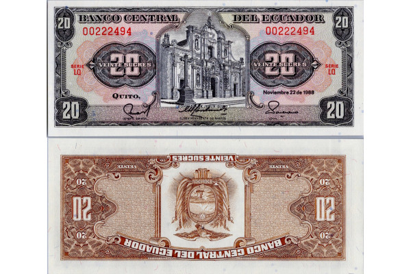 Bankovka Ekvádor, 1988, serie LQ, 20 Sucre, Pi. 121Aa.7, N/UNC