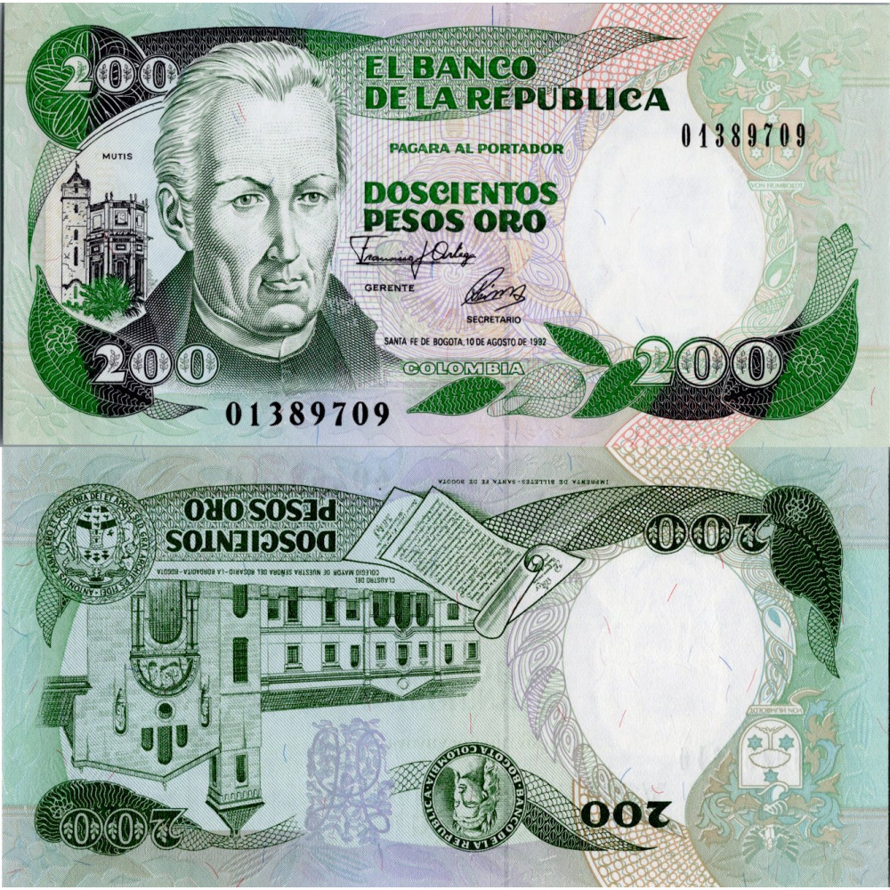 Bankovka Kolumbie, 1992, 200 Peso Oro, Pi. 429Aa, N/UNC Bankovka Kolumbie, 1992, 200 Peso Oro, Pi. 429Aa, N/UNC