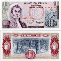 Bankovka Kolumbie, 1980, 10 Peso oro, Pi. 407h, N/UNC