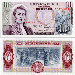 Bankovka Kolumbie, 1980, 10 Peso oro, Pi. 407h, N/UNC