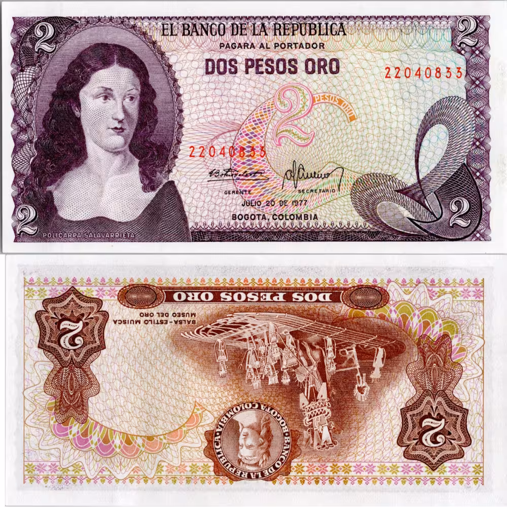 Cédula Colômbia, 1977, 2 Peso Oro, Pi. 413b.3, N/UNC