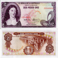 Bankovka Kolumbie, 1977, 2 Peso Oro, Pi. 413b.3, N/UNC