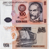 Bankovka Peru, 1987, serie AV, 100 Peruvian inti, Pi. 132b, N/UNC