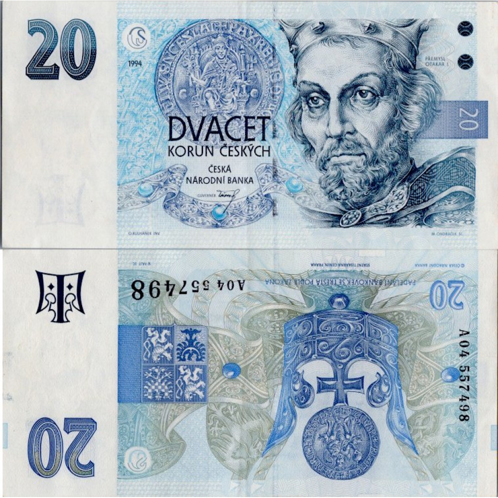 Bankovka ČR, 20 Kč, Pi. 4, 1/XF, 1994, serie A04, 557498 Bankovka ČR, 20 Kč, Pi. 4, 1/XF, 1994, serie A04, 557498
