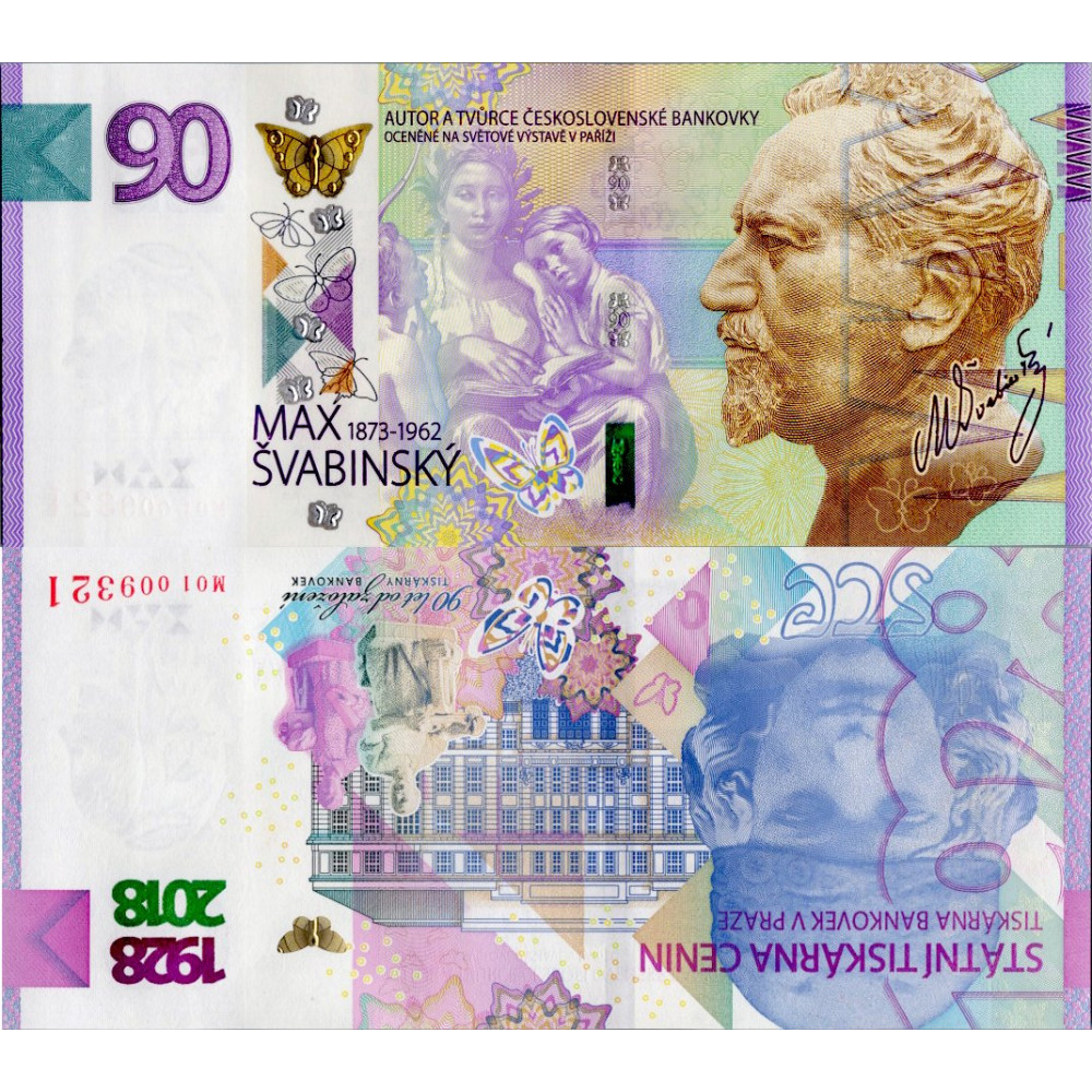 Pamětní banknovka, 90, M01 009321, N/UNC, Česká republika, 2018, serie M01 Pamětní banknovka, 90, M01 009321, N/UNC, Česká republika, 2018, serie M01