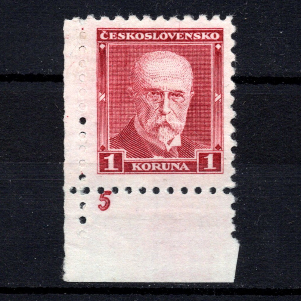 Sello con número de plancha Checoslovaquia, Pof.260 (Mi. 297A), MH, 1 Kč