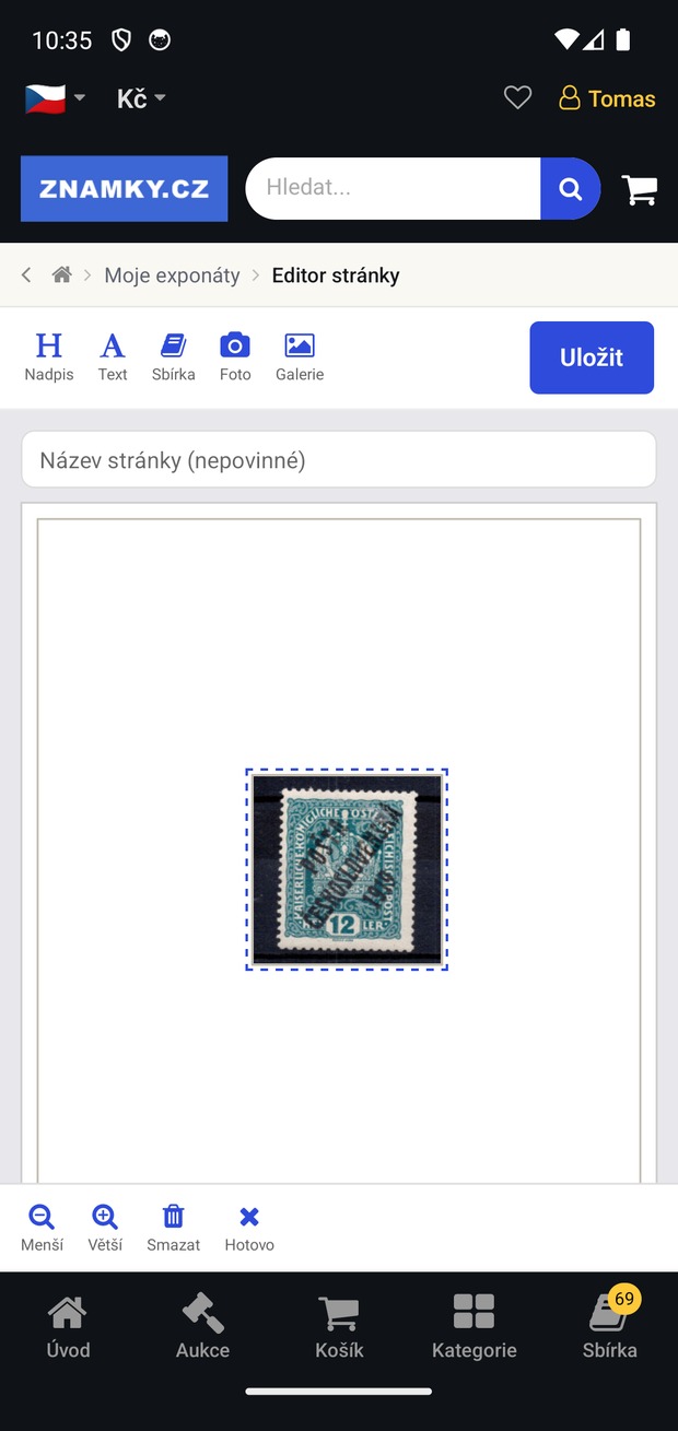 Editor stránky exponátu v aplikaci Známky.cz