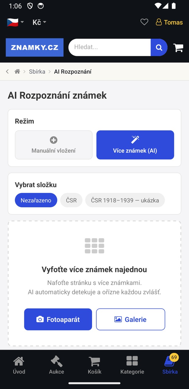 Režim skenu celé stránky v aplikaci Známky.cz