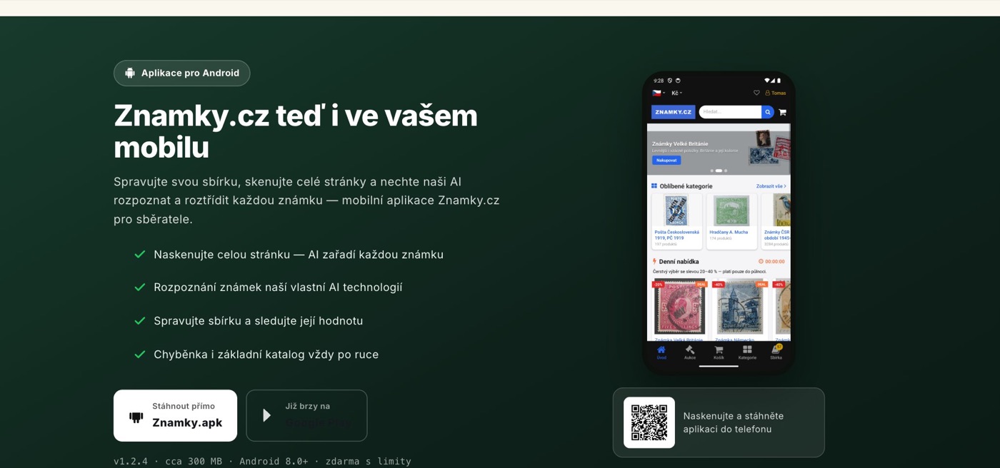 Mobilní aplikace Znamky.cz pro Android – úvodní obrazovka