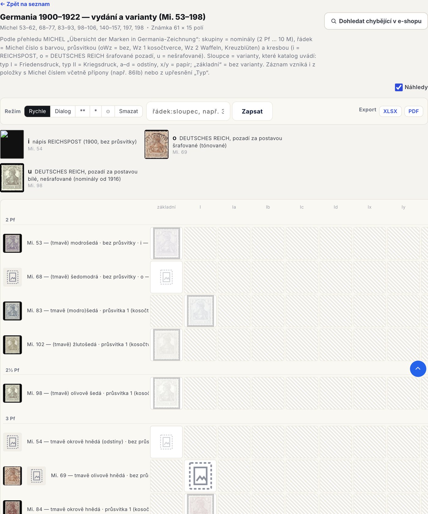 Evidence Germania 1900–1922 podle Michel na Znamky.cz s legendou kreseb i, o, u