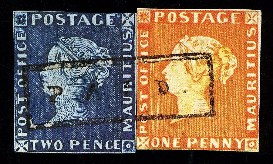 Mauricijské známky POST OFFICE z roku 1847 — dvoupencová modrá a jednopencová červená