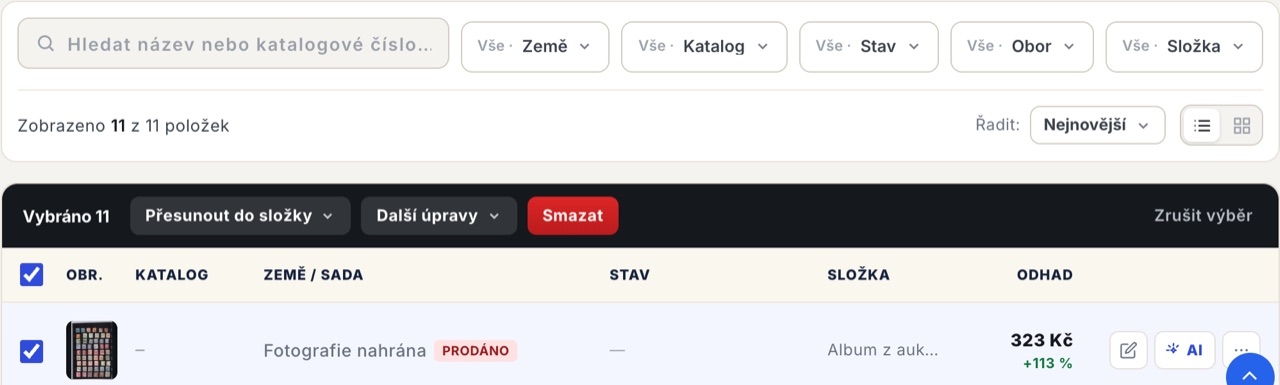 Hromadné akce nad výběrem: přesun do složky, další úpravy a mazání.