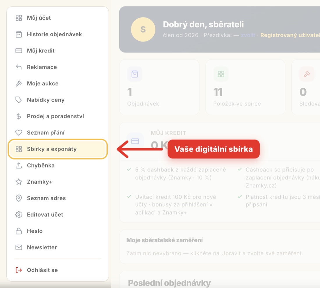 Sekci Sbírky a exponáty najdete v levém menu svého účtu na Znamky.cz.