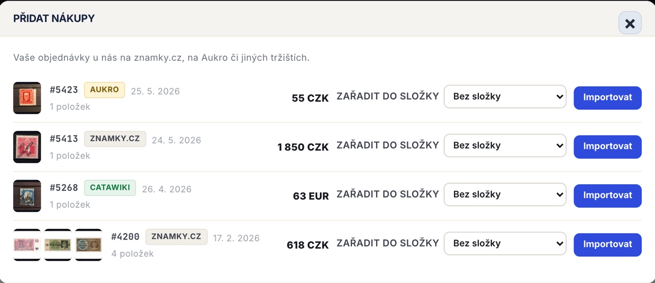 Import nákupů: každá objednávka s náhledem, datem, cenou, odznakem tržiště a vlastní volbou složky.