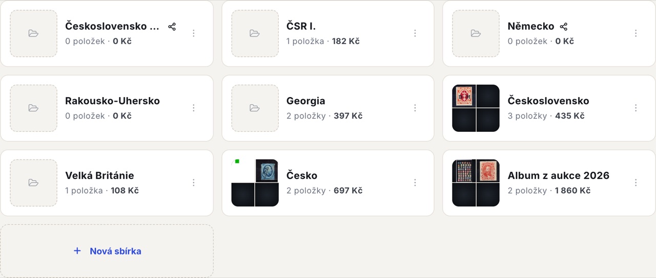 Složky jako karty s mozaikou náhledů, počtem položek a souhrnnou hodnotou.