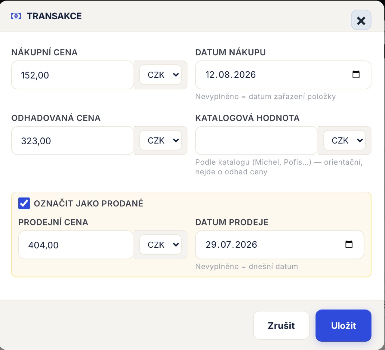 Nákupní cena a datum, odhad a katalogová hodnota, prodej — každá částka ve vlastní měně.